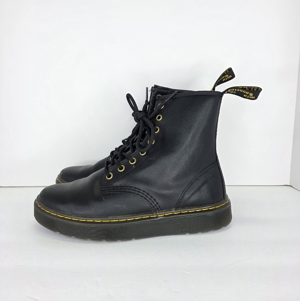 Dr. Martens Zavala Combat Boots Unisex Black Leather Yellow Stitching Size M7 W8 - Picture 2 of 16